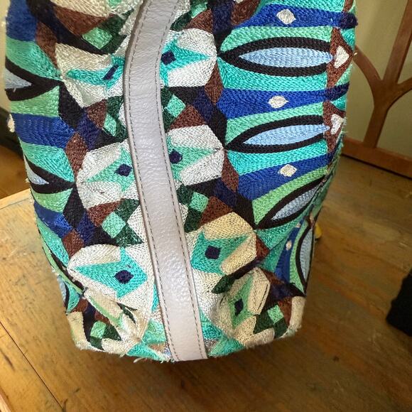 Rebecca Minkoff Embroidered Beaded Leather Tote Bag Gray Blue Green Purple Ivory - Picture 3 of 12